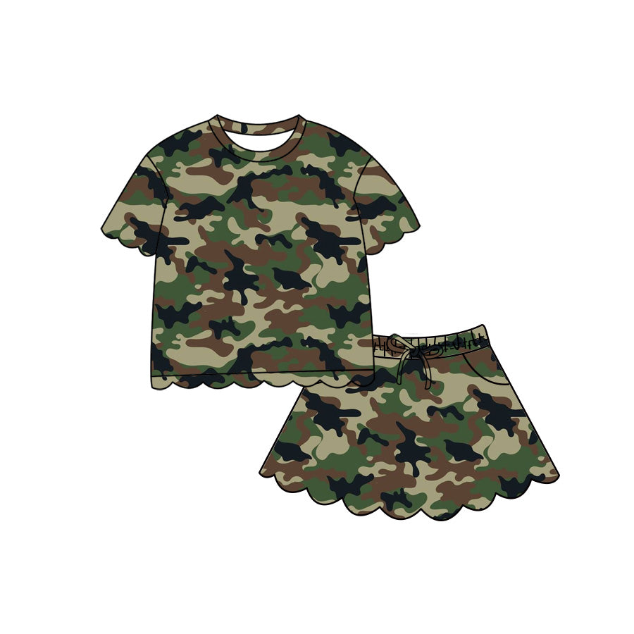 ( Moq 5 ) Preorder Baby Girls Kids Short Sleeves Green Camo Scallop Shirt Skirt Shorts Set Clothes