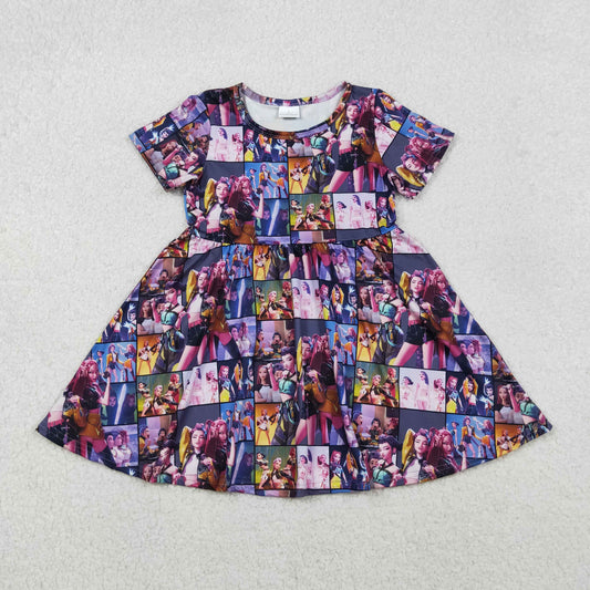 Baby Girls Kids Short Sleeves Music Character Knee Length Dress RTS