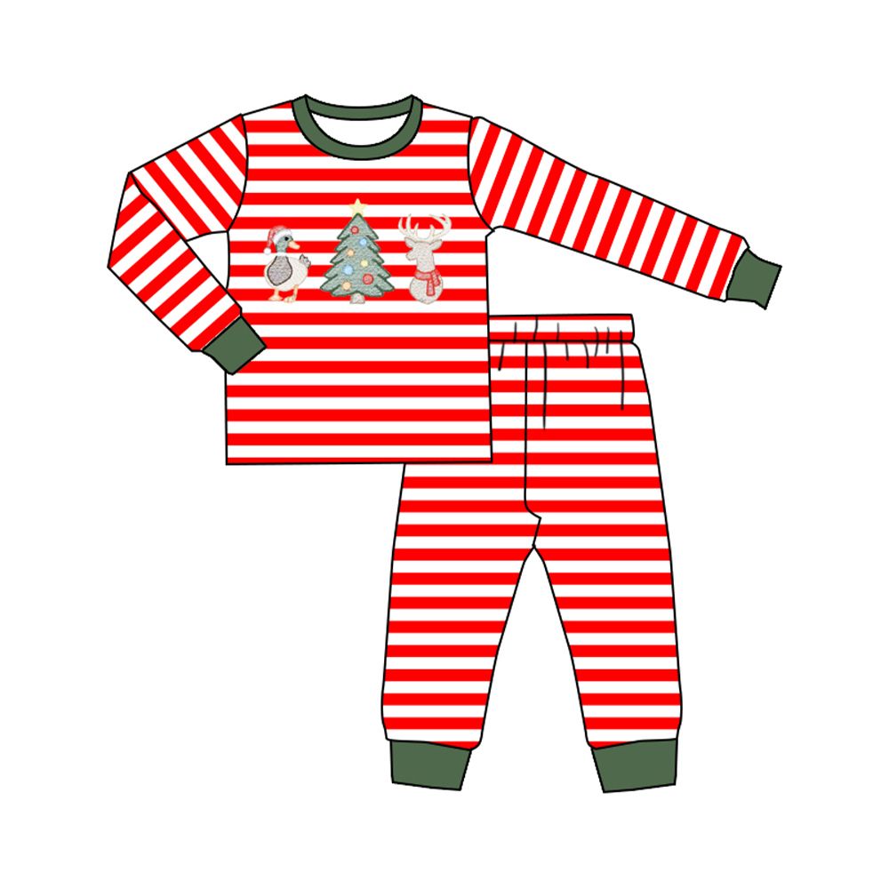 ( Moq 5 ) Preorder Baby Boy Kids Long Sleeves Deer Duck Shirt Red Stripes Pants Set Christmas Pajamas Clothes