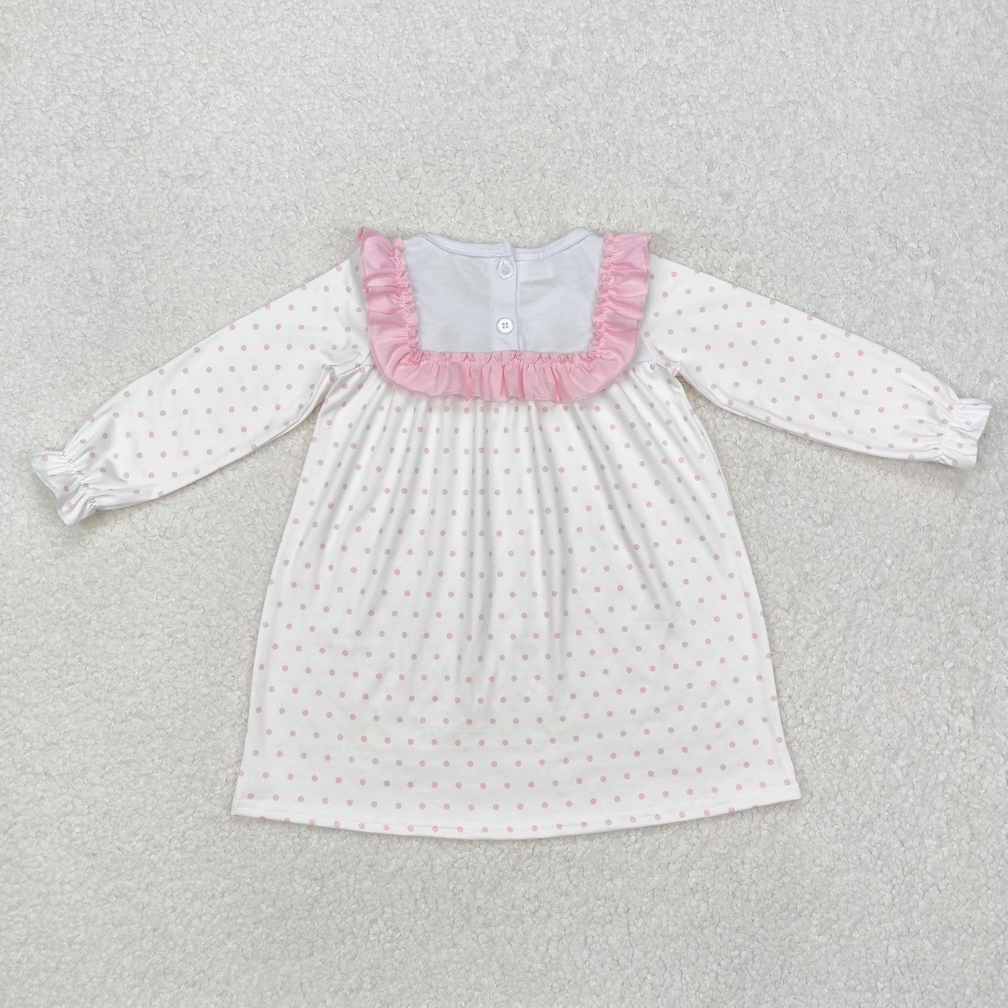 Baby Girls Long Sleeves Embroidery Crosses Easter Knee Length Dots Pink Dress