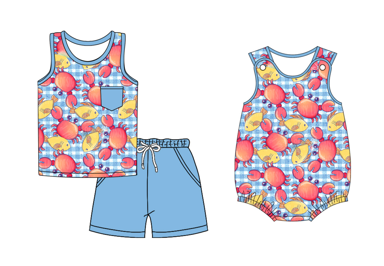 ( Moq 5 Each Style ) Sibling Baby Boys Kids Crab Fish Shirt Pockets Shorts Summer Set Romper