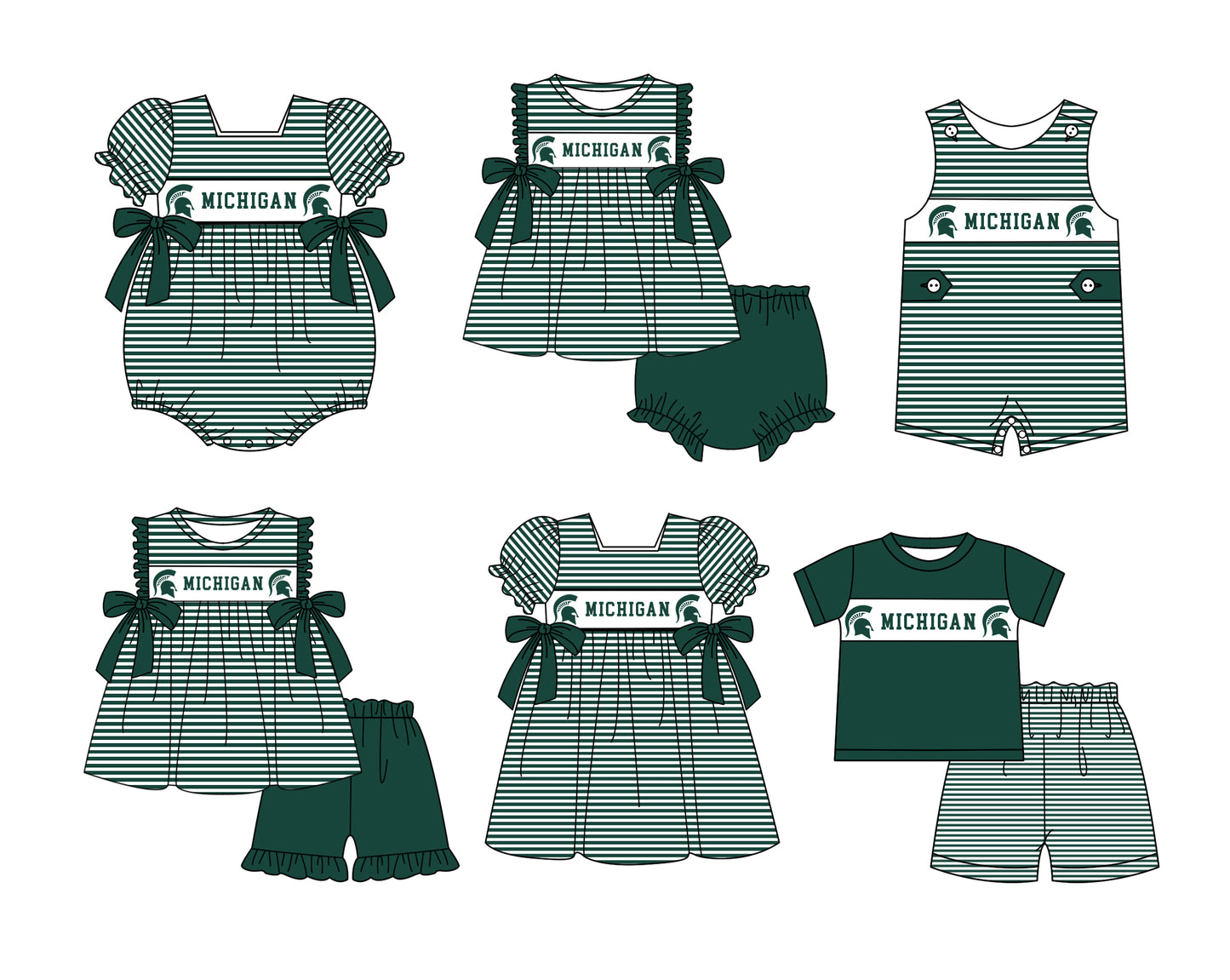 ( Moq 5 ) Baby Girls Toddler Short Sleeves Green Stripes Bows Knee Length Dress
