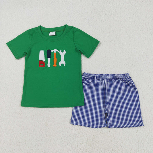 Baby Boy Short Sleeves Green Embroidery Tools Shirt Plaid Shorts Clothes Set RTS