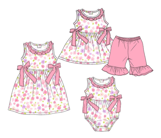 ( Moq 5 Each Style ) Sibling Baby Girls Kids Pink Flower Bows Romper Dress Set Summer Clothes