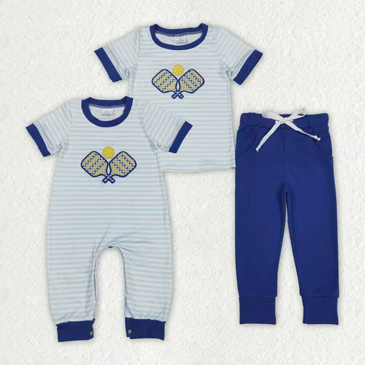Sibling Baby Boys Kids Stripes Short Sleeves Embroidery Table Tennis Blue Romper Set RTS