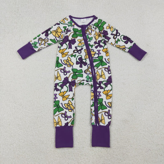 Baby Girls Kids Long Sleeves Mardi Gras Bows Purple Zipper Sleeper Romper RTS