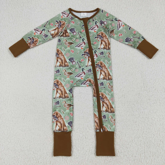 Baby Boy Long Sleeves Dogs Ducks Baseball Zipper Green Romper RTS