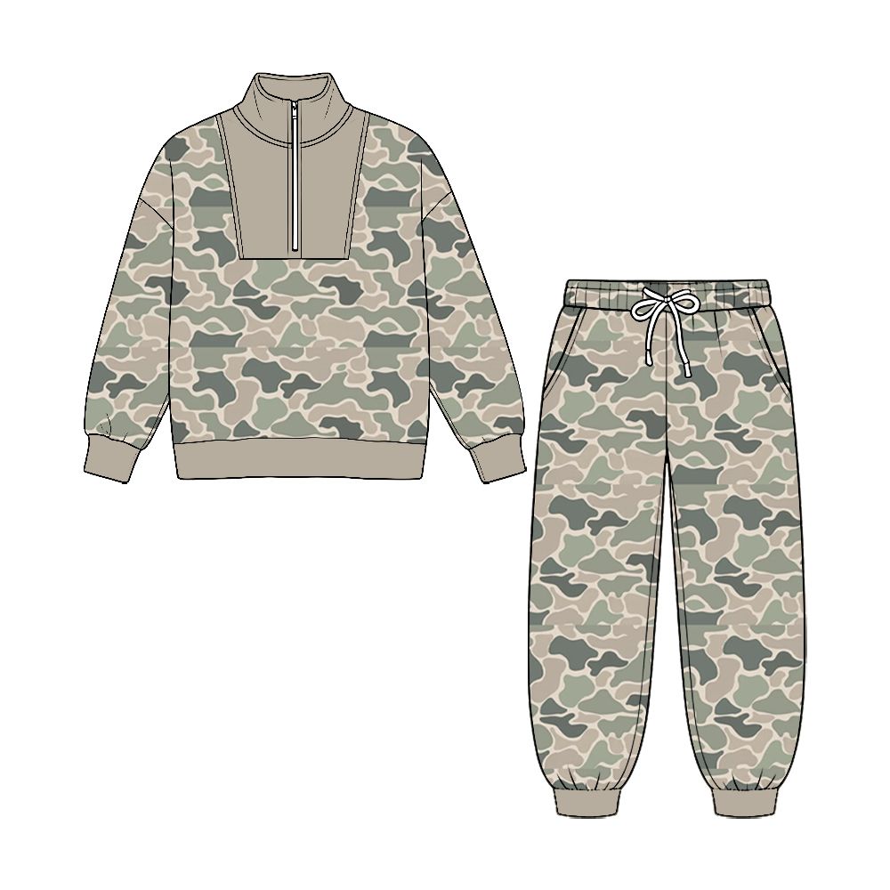 ( No moq ) Preorder Baby Boys Kids Long Sleeves Zipper Shirt Pockets Pants Camo Set Clothes