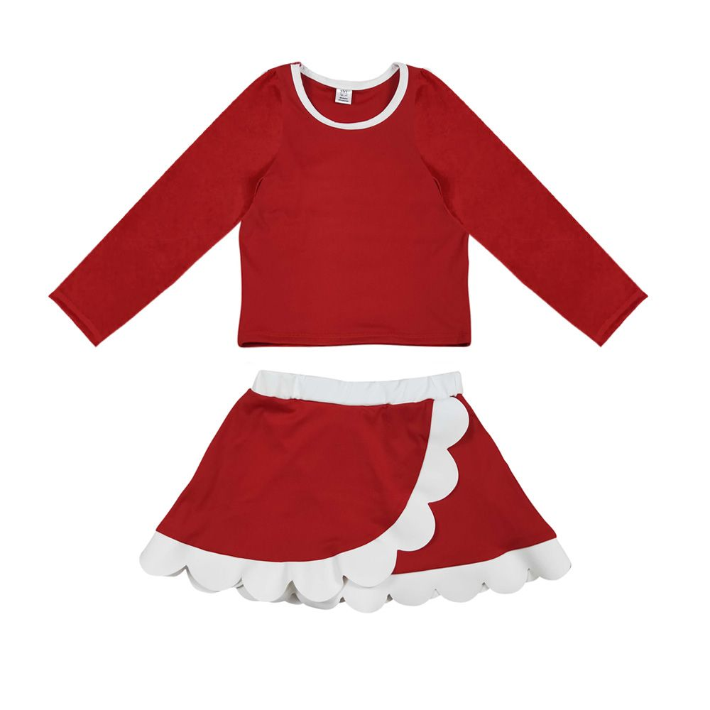 ( Moq 5 ) Preorder Baby Girls Kids Red Shirt White Scalloped Skirt Shorts Set Yoga Active Clothes