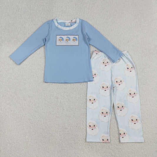 Baby Boy Blue Long Sleeves Christmas Embroidery Santa Shirt Pants Pajamas Clothes Set RTS