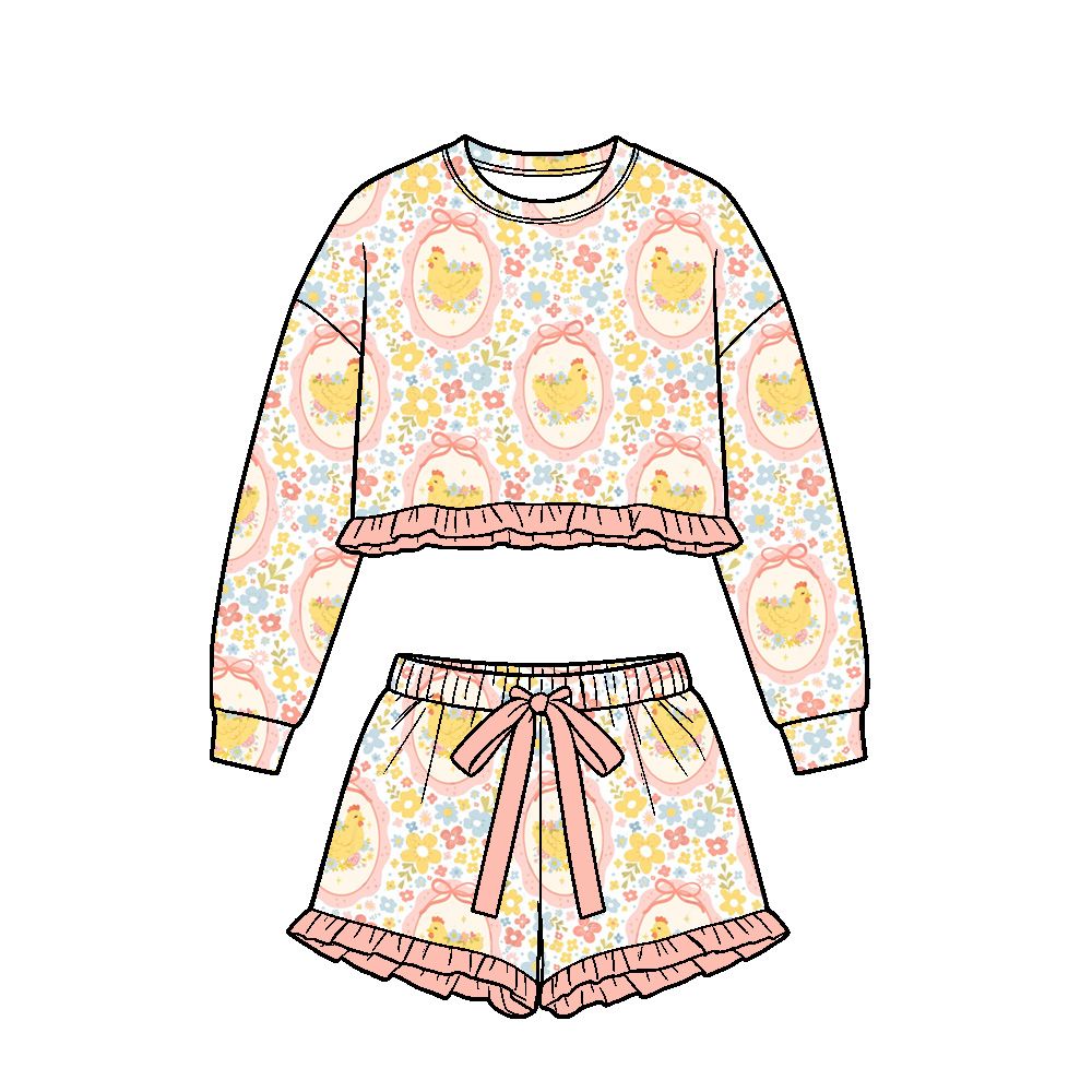 ( Moq 5 ) Preorder Baby Girls Kids Long Sleeves Chicks Flower Bows Shirt Shorts Set Easter Clothes