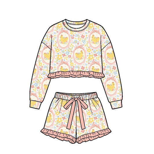 ( Moq 5 ) Preorder Baby Girls Kids Long Sleeves Chicks Flower Bows Shirt Shorts Set Easter Clothes