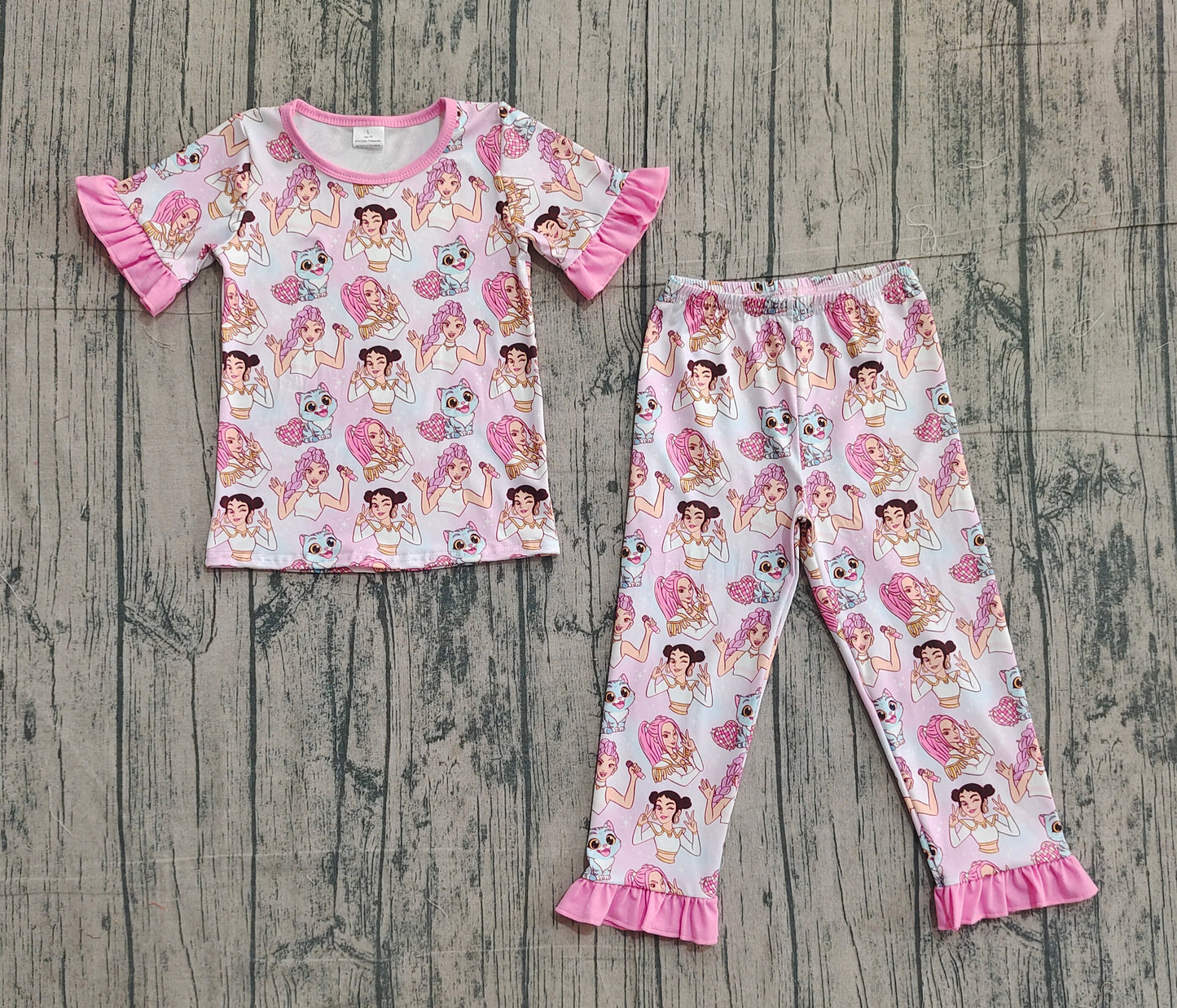 Baby Girls Kids Short Sleeves Singer Shirt Hearts Pants Pajamas Set RTS
