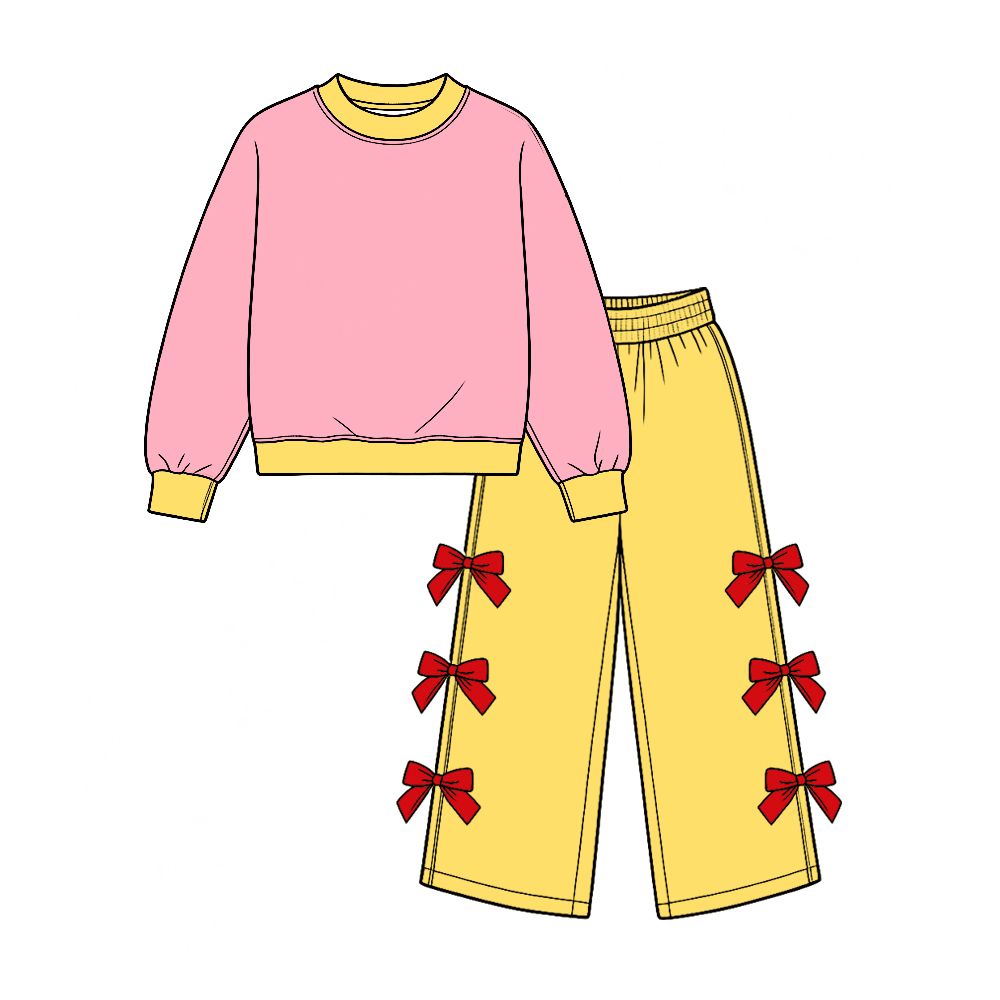 ( Moq 5 ) Preorder Baby Girls Kids Long Sleeves Pink Shirt Bows Yellow Pants Set Cotton Clothes