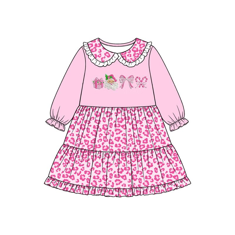 ( Moq 5 ) Preorder Baby Girls Long Sleeves Santa Bows Leopard Christmas Pink Ruffle Dress Clothes