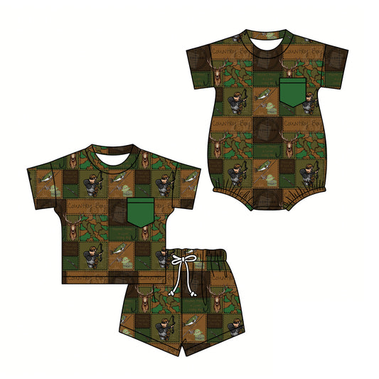 ( Moq 5 Each Style ) Sibling Baby Boys Kids Shirt Pockets Shorts Fishing Camo Set Romper