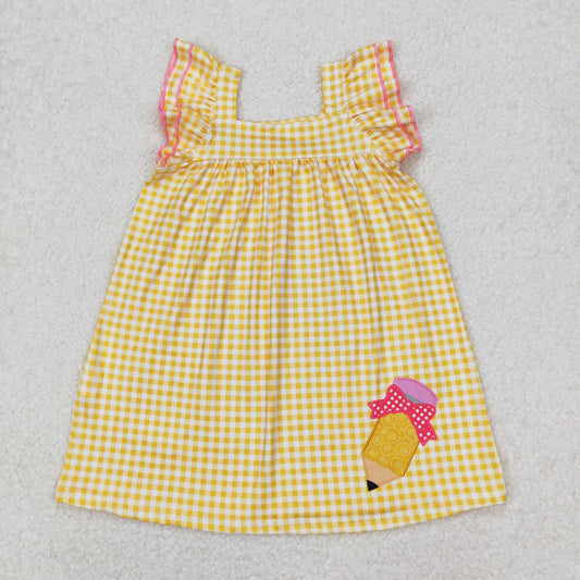 Baby Girl Back To School Pencil Bow Yellow Checked Knee Length Dress RTS