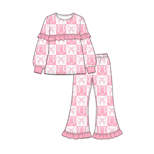 ( Moq 5 ) Preorder Baby Girls Kids Bows Hearts Baseball Ruffle Shirt Pants Valentine Set Clothes