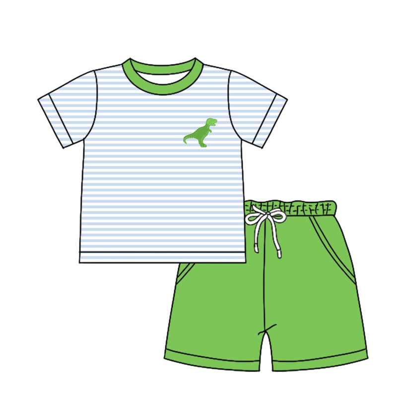 Baby Boy Short Sleeves Dinosaur Stripes Shirt Pockets Green Shorts Clothes Set Moq 5