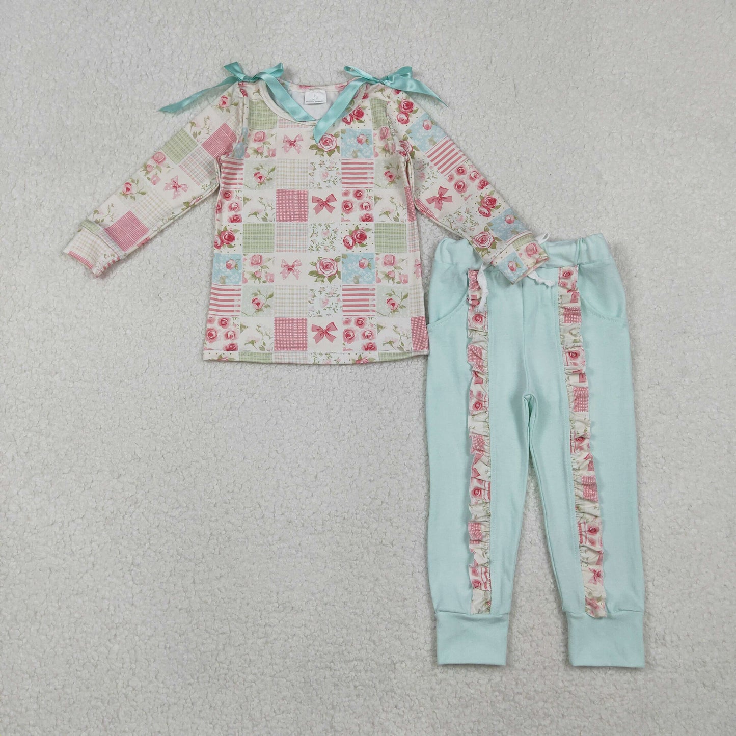 Baby Girl Long Sleeves Flower Bows Plaid Ruffle Shirt Ruffle Pants Set RTS