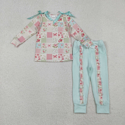 Baby Girl Long Sleeves Flower Bows Plaid Ruffle Shirt Ruffle Pants Set RTS