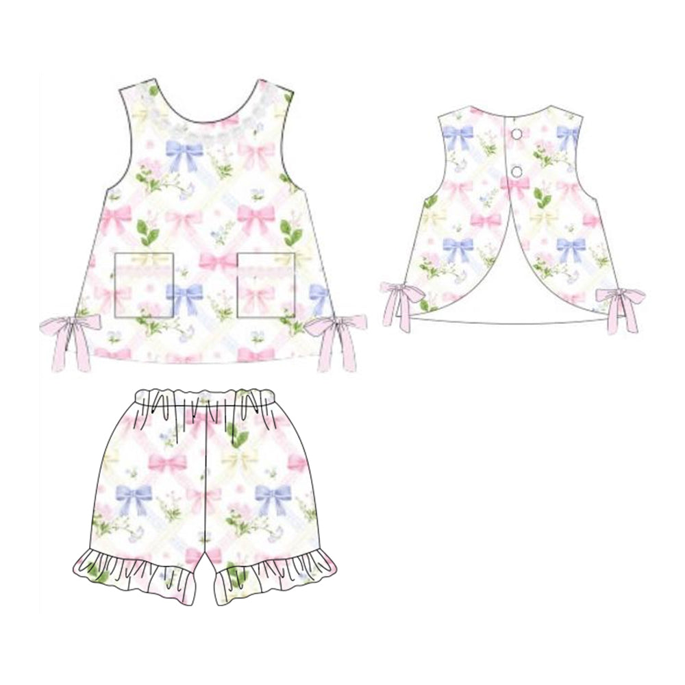 ( Moq 5 ) Preorder Baby Girls Kids Sleeveless Bows Flower Tops Shorts Set Clothes