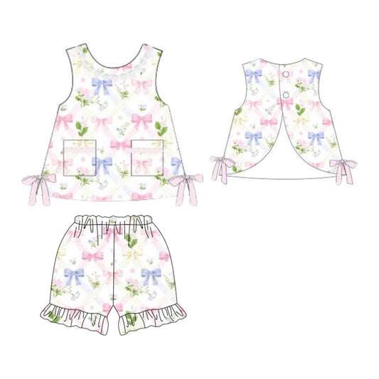 ( Moq 5 ) Preorder Baby Girls Kids Sleeveless Bows Flower Tops Shorts Set Clothes