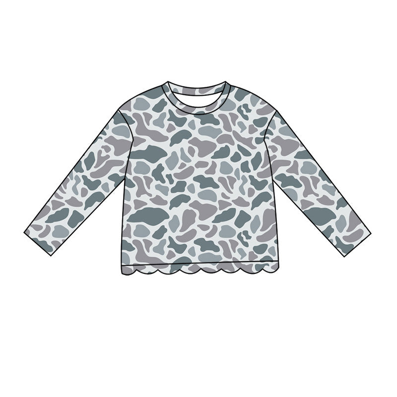 ( Moq 5 ) Preorder Baby Girls Kids Long Sleeves Grey Camo Scallop Shirt Kids Tops Clothes