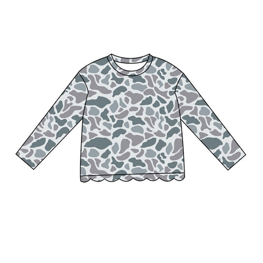 ( Moq 5 ) Preorder Baby Girls Kids Long Sleeves Grey Camo Scallop Shirt Kids Tops Clothes