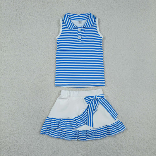 Baby Girls Kids Blue Stripes Buttons Tops Ruffle Shorts Skirt Yoga Yoga Active Set RTS