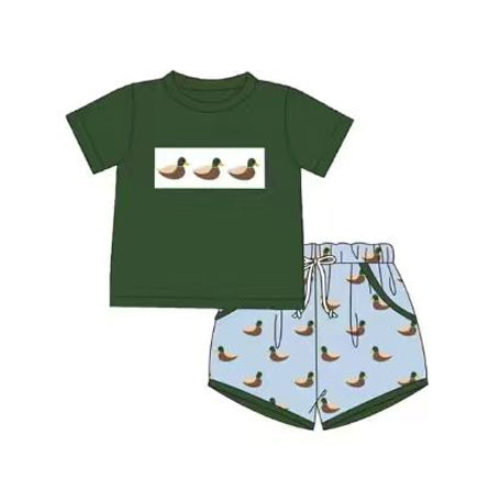( Moq 5 ) Preorder Baby Boys Kids Short Sleeves Ducks Green Shirt Pockets Shorts Set Clothes