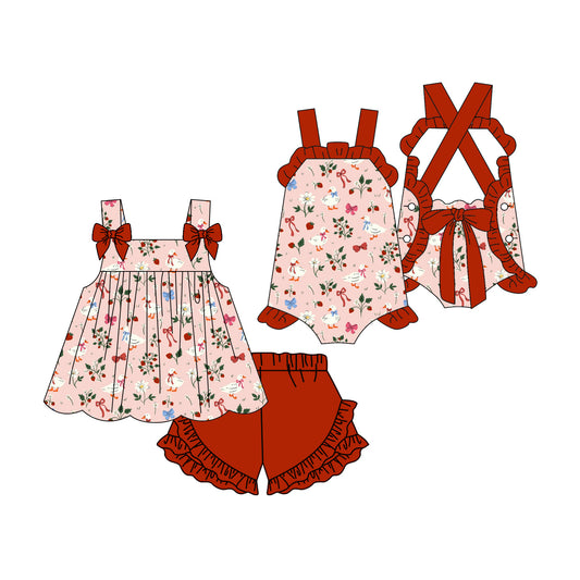 ( Moq 5 Each Style ) Sibling Baby Girls Kids Ducks Bows Flower Tops Shorts Summer Set Romper