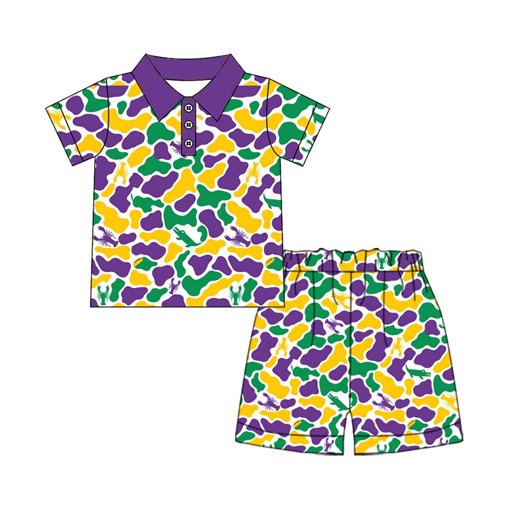 ( Moq 5 ) Preorder Baby Boys Kids Short Sleeves Crayfish Camo Shirt Shorts Mardi Gras Set Clothes