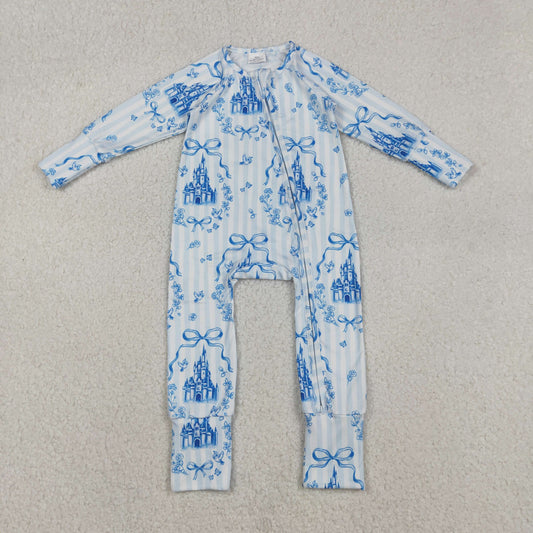 Baby Girls Infant Long Sleeves Bows Castle Blue Zipper Sleeper Romper RTS