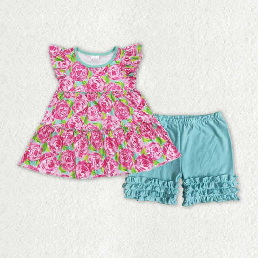 Baby Girl Short Sleeves Floral Tunic Cotton Blue Shorts Summer Set