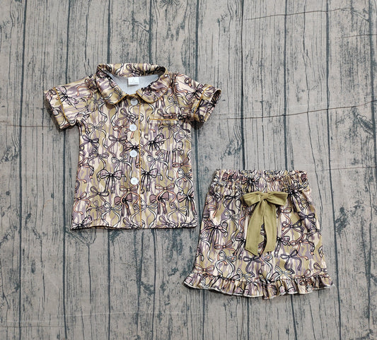 Baby Girls Kids Short Sleeves Camo Bows Buttons Shirt Shorts Pajamas Clothes Set RTS