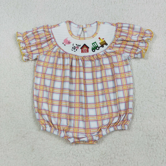 Baby Girl Short Sleeves Embroidery Farm Animals Plaid Bubble Smocked Romper RTS
