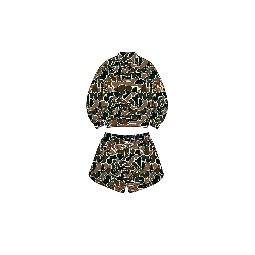 ( Moq 5 ) Preorder Baby Girls Kids Long Sleeves Brown Camo Shirt Pockets Shorts Set Yoga Active Clothes