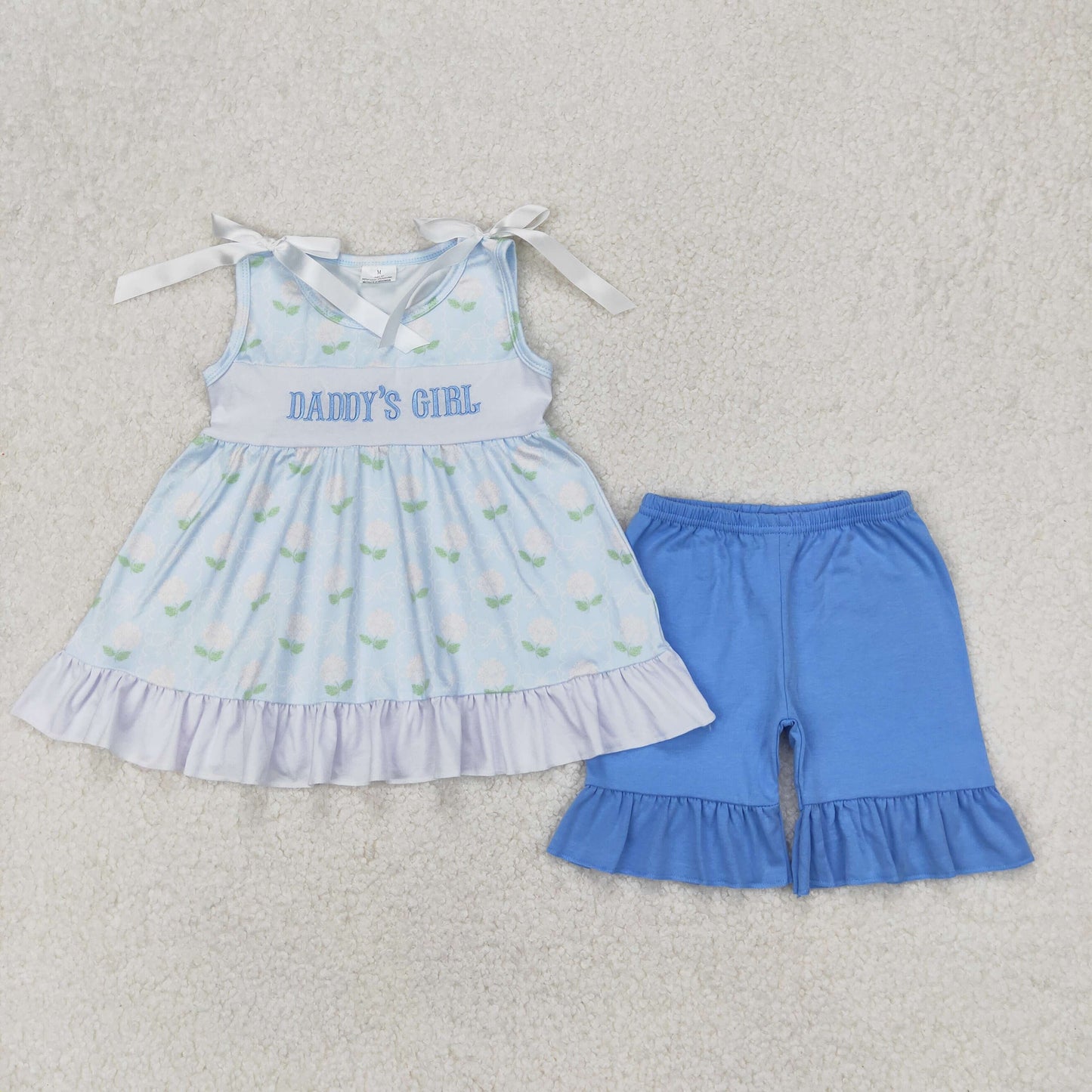 Baby Kids Straps Bows Embroidery Daddy's Girl Tunic Blue Ruffle Shorts Clothes Set RTS