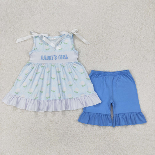 Baby Kids Sleeveless Bows Embroidery Daddy's Girl Tunic Blue Ruffle Shorts Clothes Set RTS