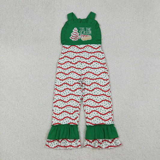 Baby Girl Sleeveless Embroidery Christmas Tree Stripes Ruffle Green Jumpsuit RTS