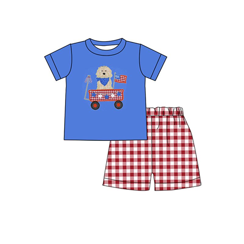 Moq 3 Pre-order BSSO0423 Baby Boy July 4th Dog Shirt Plaid Shorts Set