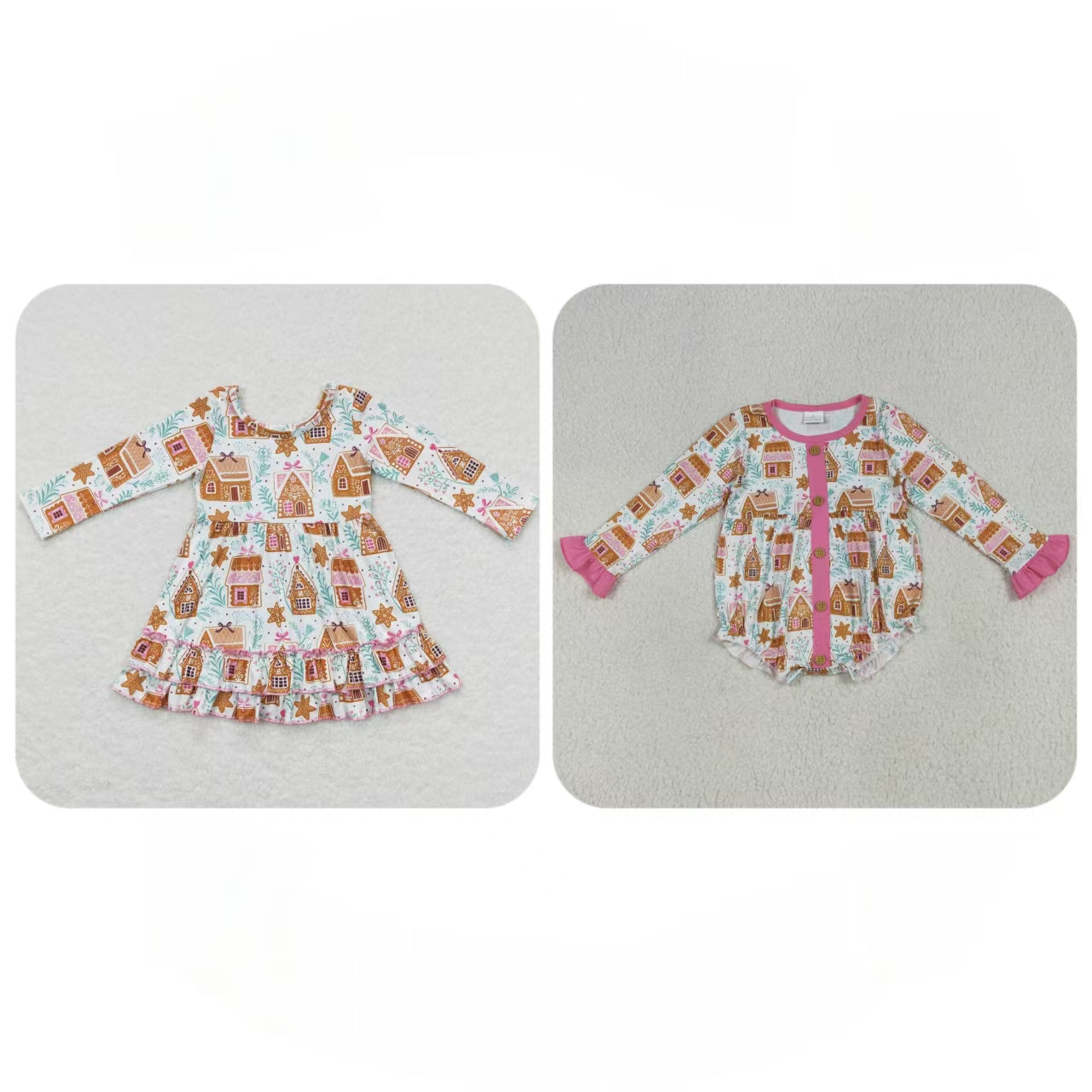 Baby Girl Long Sleeves Christmas Gingerbread House Sibling Buttons Romper Dress RTS