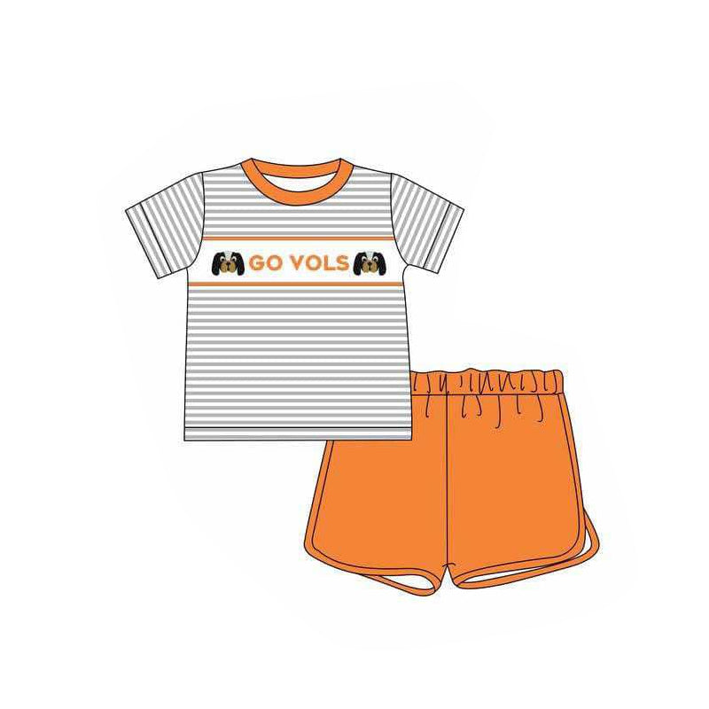 Baby Boy Short Sleeves Stripes Dogs Team Shirt Orange Short Clothes Set ( Moq 5 )