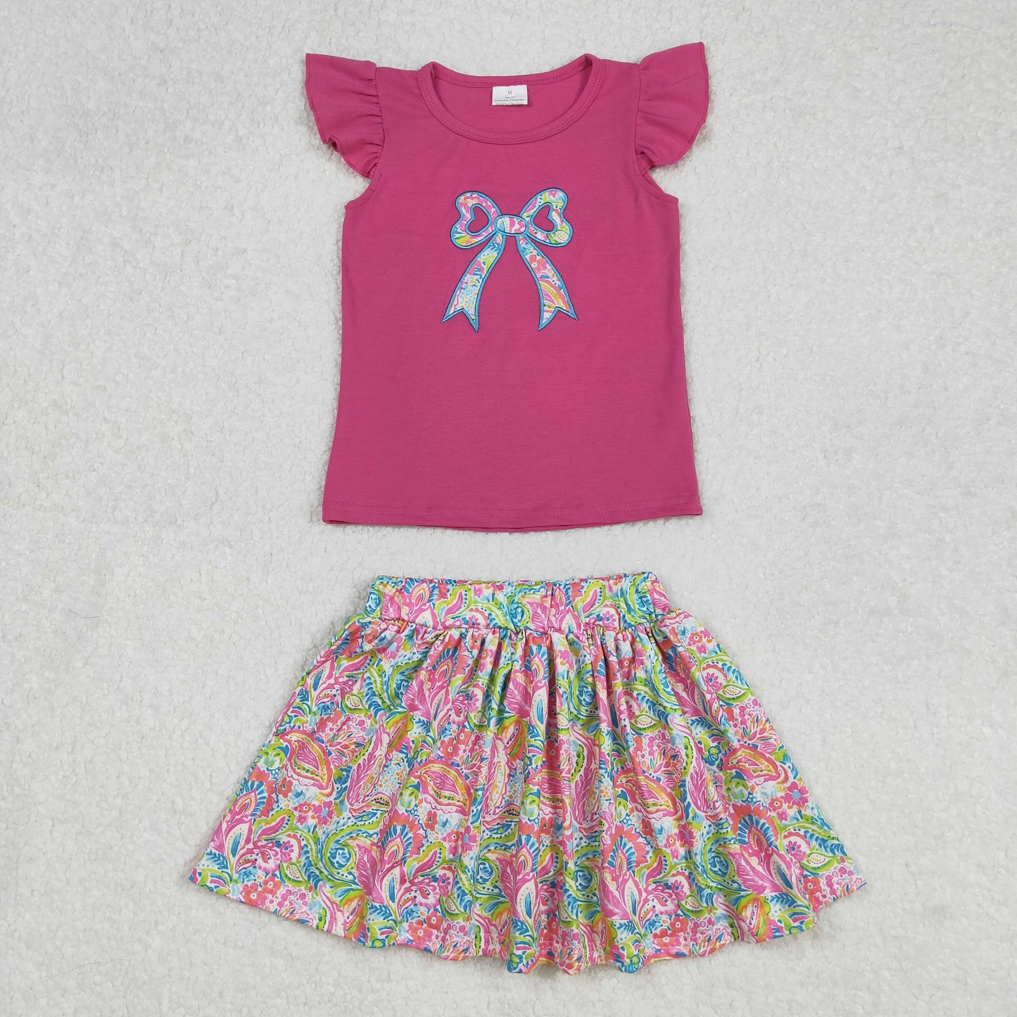Baby Girl Pink Short Sleeves Embroidery Bow Shirt Flower Skort Shorts Skirt Clothes Set RTS