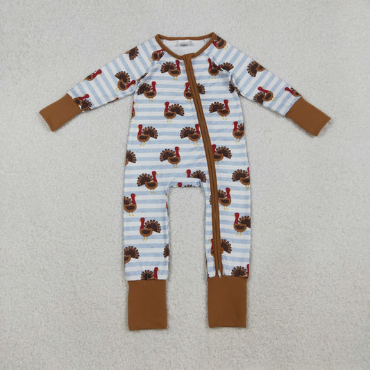 Baby Boys Infant Long Sleeves turkey Thanksgiving Stripes Zipper Fall Sleeper Romper RTS