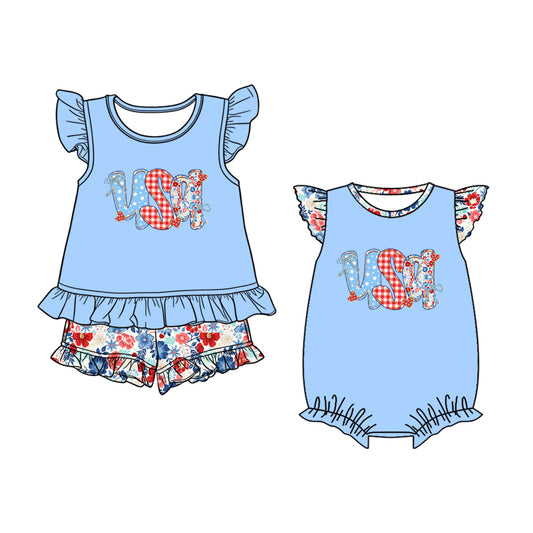 ( Moq 5 Each Style ) Baby Girls Kids USA Flower 4th of July Sibling Summer Romper Set