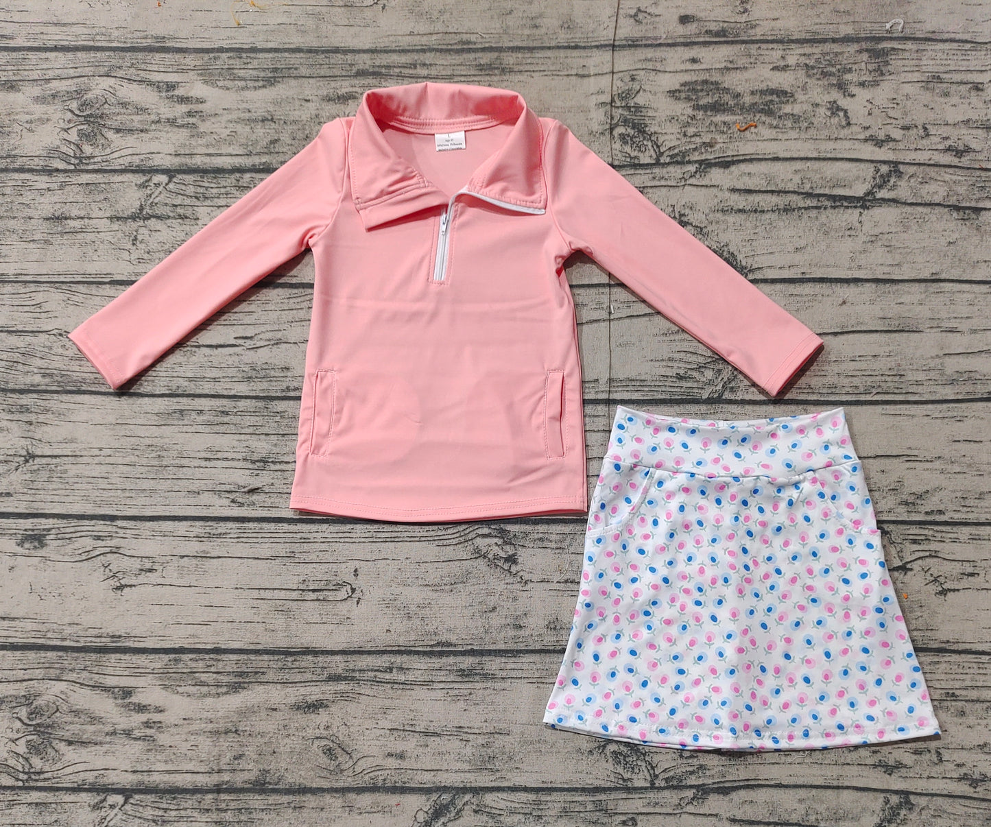 Baby Girl Long Sleeves Pink Zipper Shirt Floral Pocket Skorts Shorts Skirt Active Wear Clothes Set