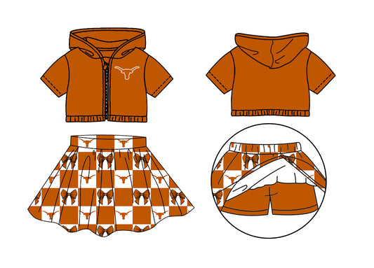( Moq 5 Each Style ) Baby Girls Kids Short Sleeves Cow Hoodie Zipper Tops Bows Plaid Shorts Skirt Team Set
