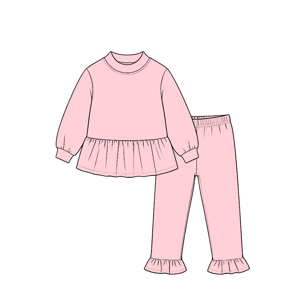 ( Moq 5 ) Preorder Baby Girls Kids Long Sleeves Ruffle Tops Pants Pink Set Cotton Clothes